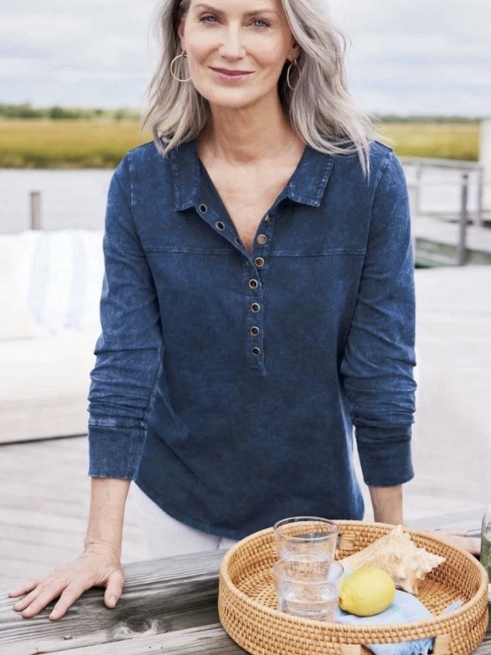 Soft Surroundings Neerah petite XS navy long sleeve vneck super soft blouse